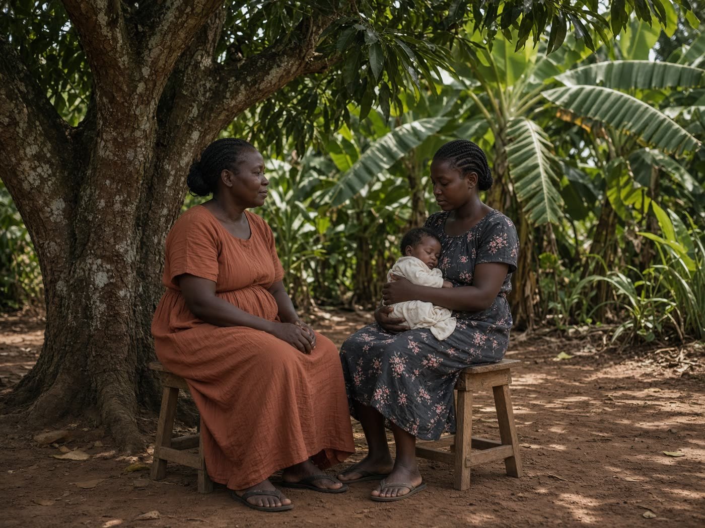 A quiet conversation of counsel and care in a Kampala courtyard